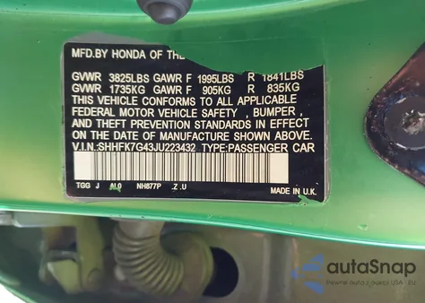 2018 Honda Civic Sport z USA, uszkodzony, nr VIN SHHFK7G43JU223432